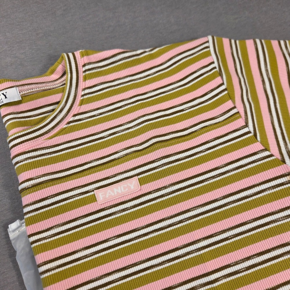 Fancy Multi Color Striped Ribbed Knit T-Shirt Pink Green Brown M/L